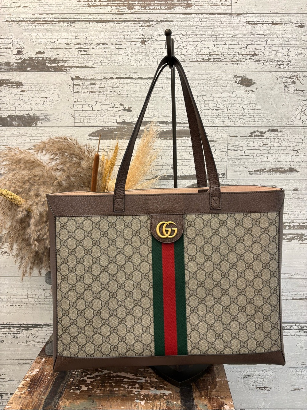 Gucci Ophidia COA Beige GG Supreme Canvas Tote with Brown Trim and Green-Red
